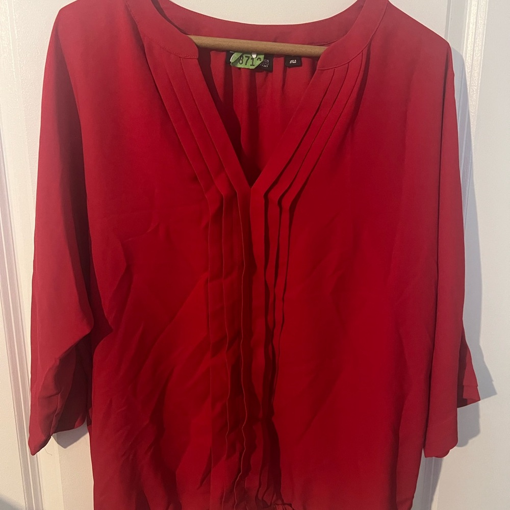 New York & Company Vibrant Red Pleated Blouse